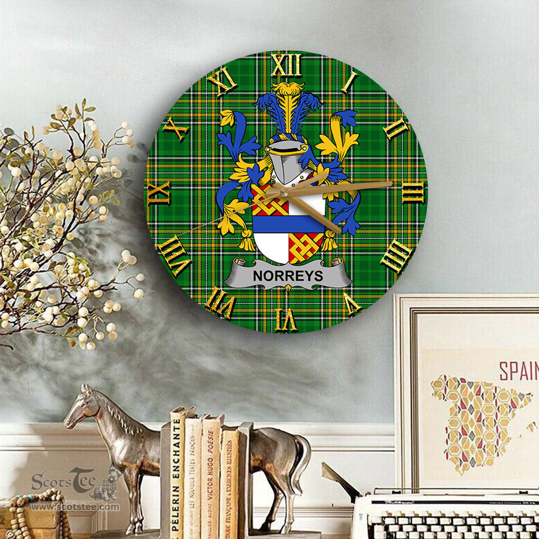 ScotsTee Shop Irish Norreys Coat of Arms Family Crest Ireland Wooden Wall Clock Irish National Tartan Irish County Wall Clocks