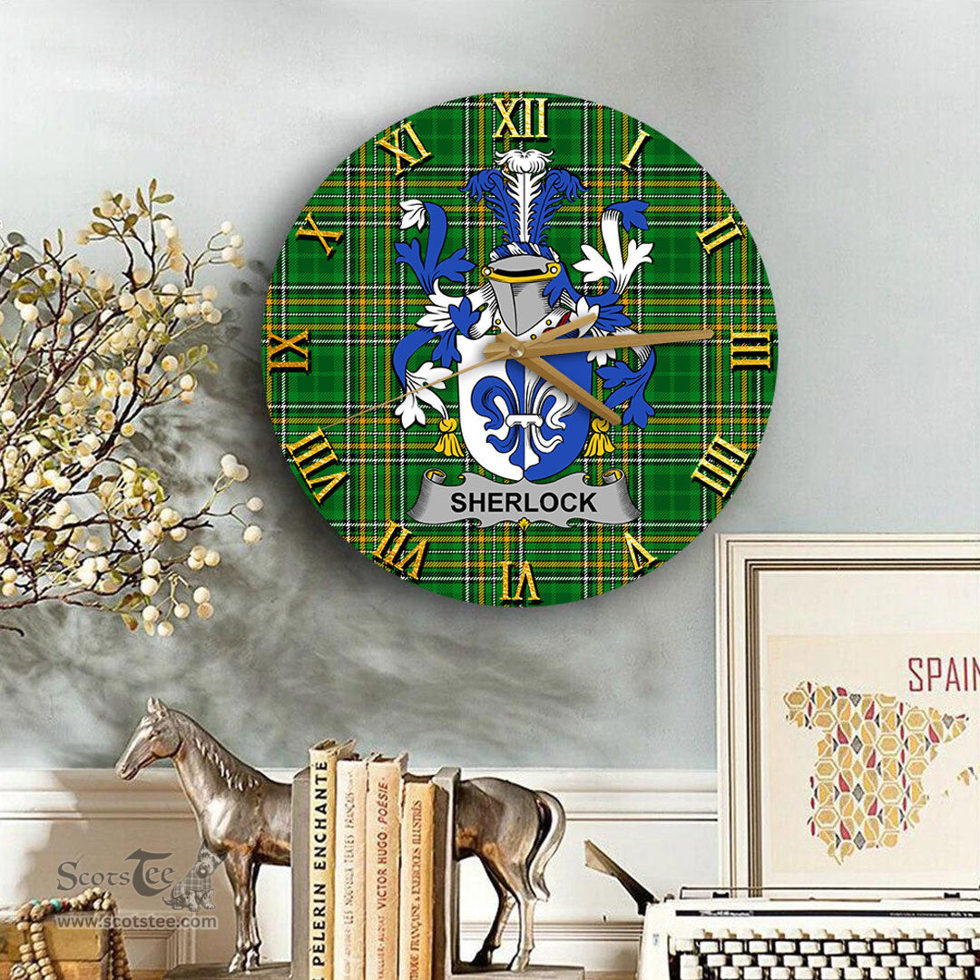 ScotsTee Shop Irish Sherlock Coat of Arms Family Crest Ireland Wooden Wall Clock Irish National Tartan Irish County Wall Clocks