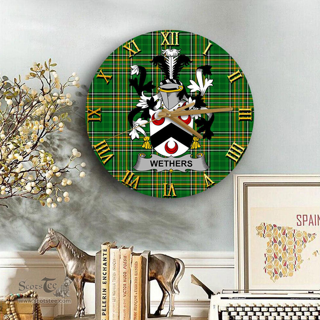ScotsTee Shop Irish Wethers Coat of Arms Family Crest Ireland Wooden Wall Clock Irish National Tartan Irish County Wall Clocks