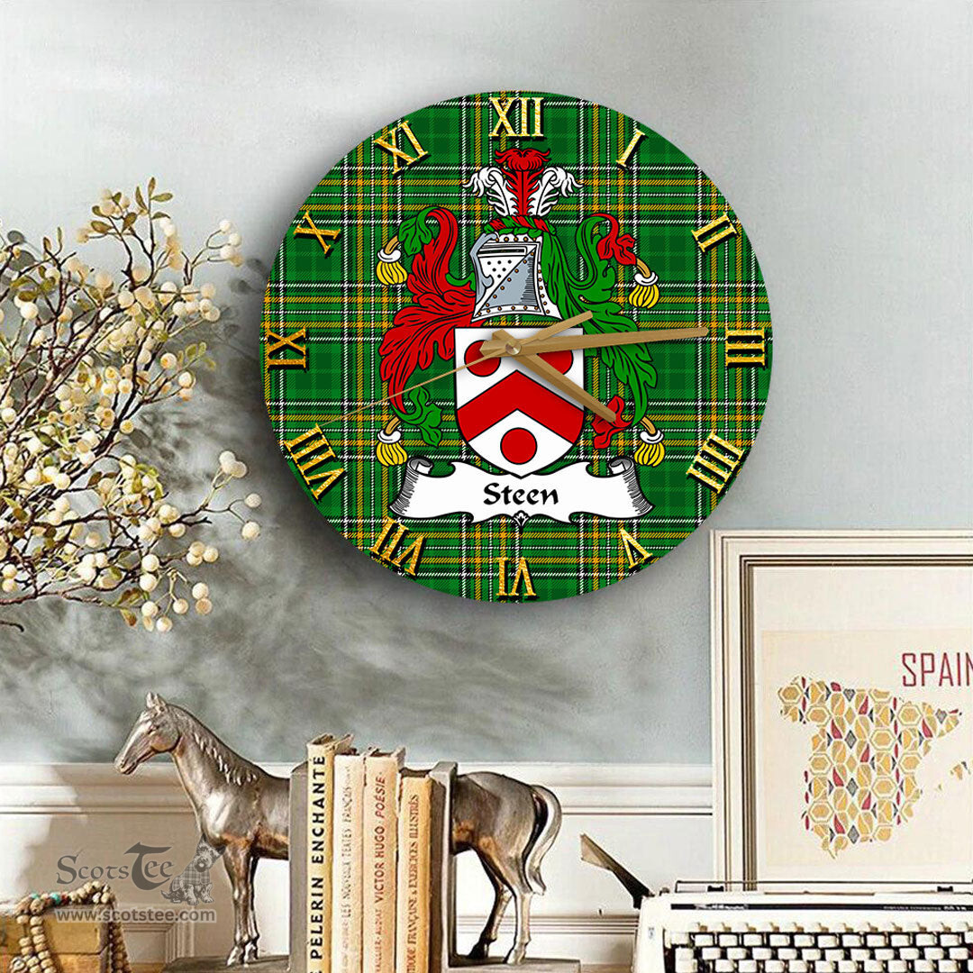 ScotsTee Shop Irish Steen Coat of Arms Family Crest Ireland Wooden Wall Clock Irish National Tartan Irish County Wall Clocks