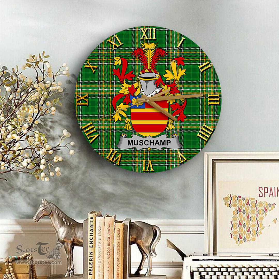 ScotsTee Shop Irish Muschamp Coat of Arms Family Crest Ireland Wooden Wall Clock Irish National Tartan Irish County Wall Clocks