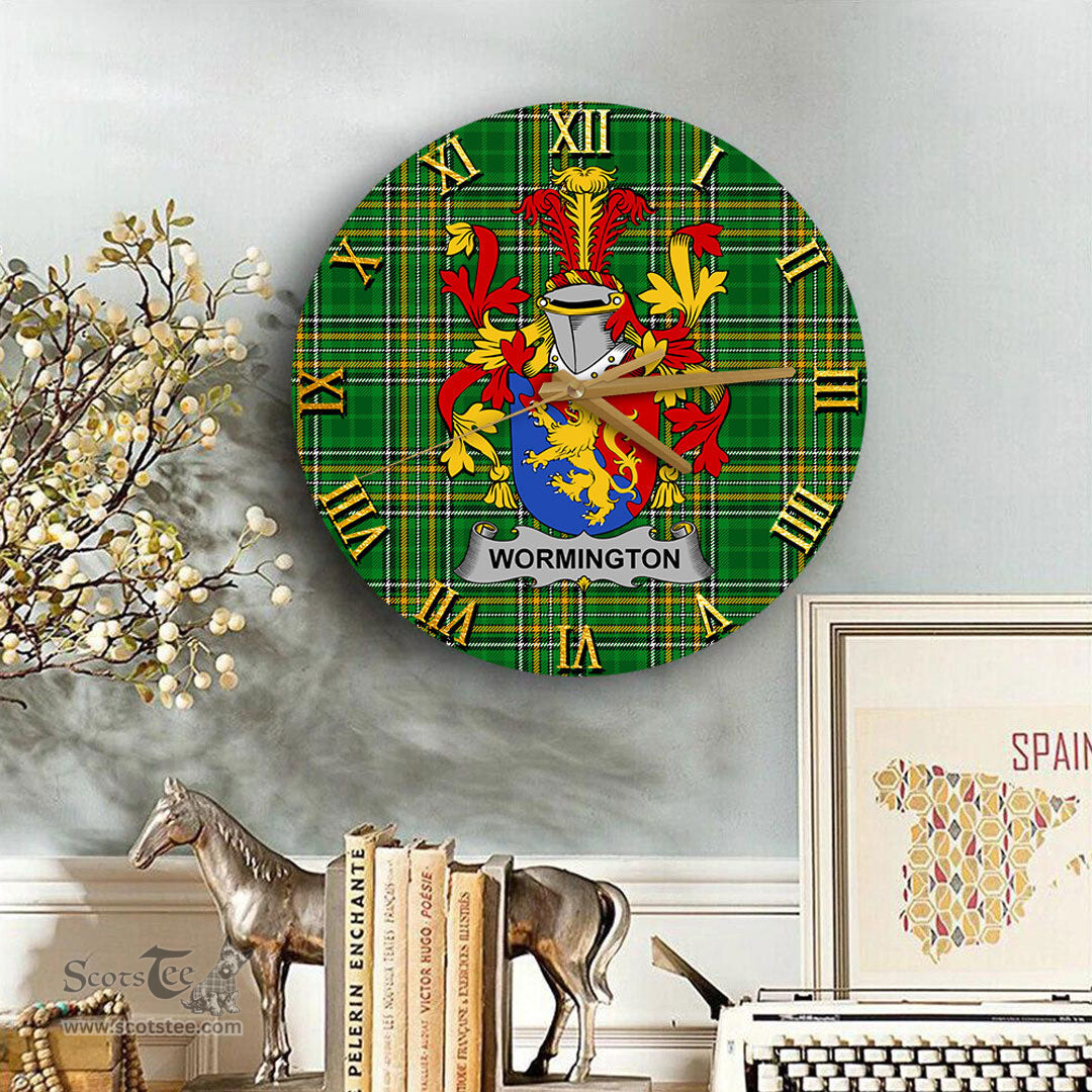 ScotsTee Shop Irish Wormington Coat of Arms Family Crest Ireland Wooden Wall Clock Irish National Tartan Irish County Wall Clocks