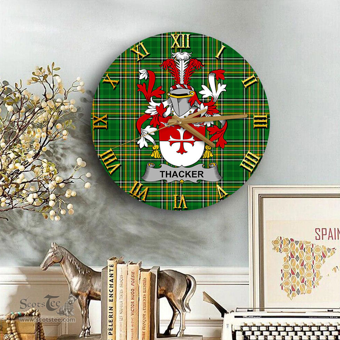 ScotsTee Shop Irish Thacker Coat of Arms Family Crest Ireland Wooden Wall Clock Irish National Tartan Irish County Wall Clocks