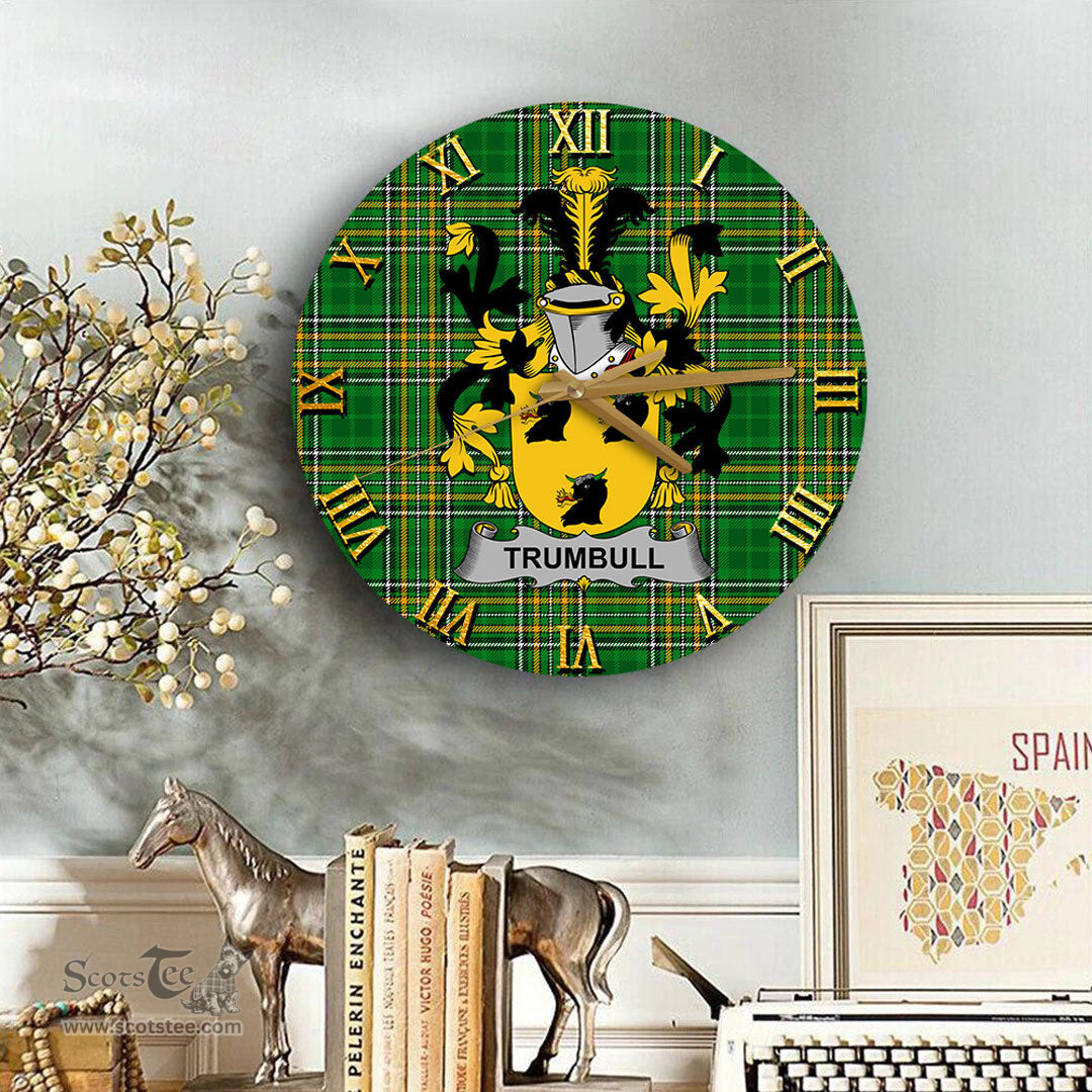 ScotsTee Shop Irish Trumbull or Turnbull Coat of Arms Family Crest Ireland Wooden Wall Clock Irish National Tartan Irish County Wall Clocks