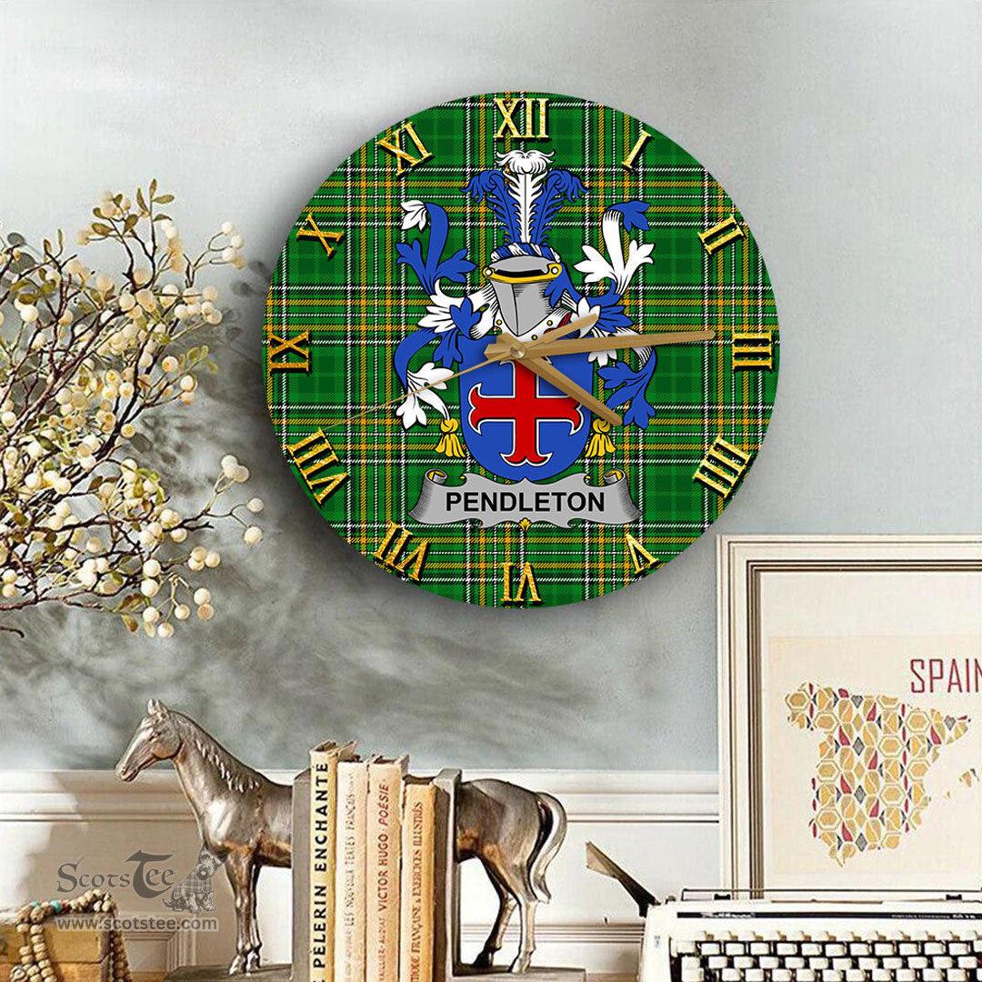 ScotsTee Shop Irish Pendleton Coat of Arms Family Crest Ireland Wooden Wall Clock Irish National Tartan Irish County Wall Clocks