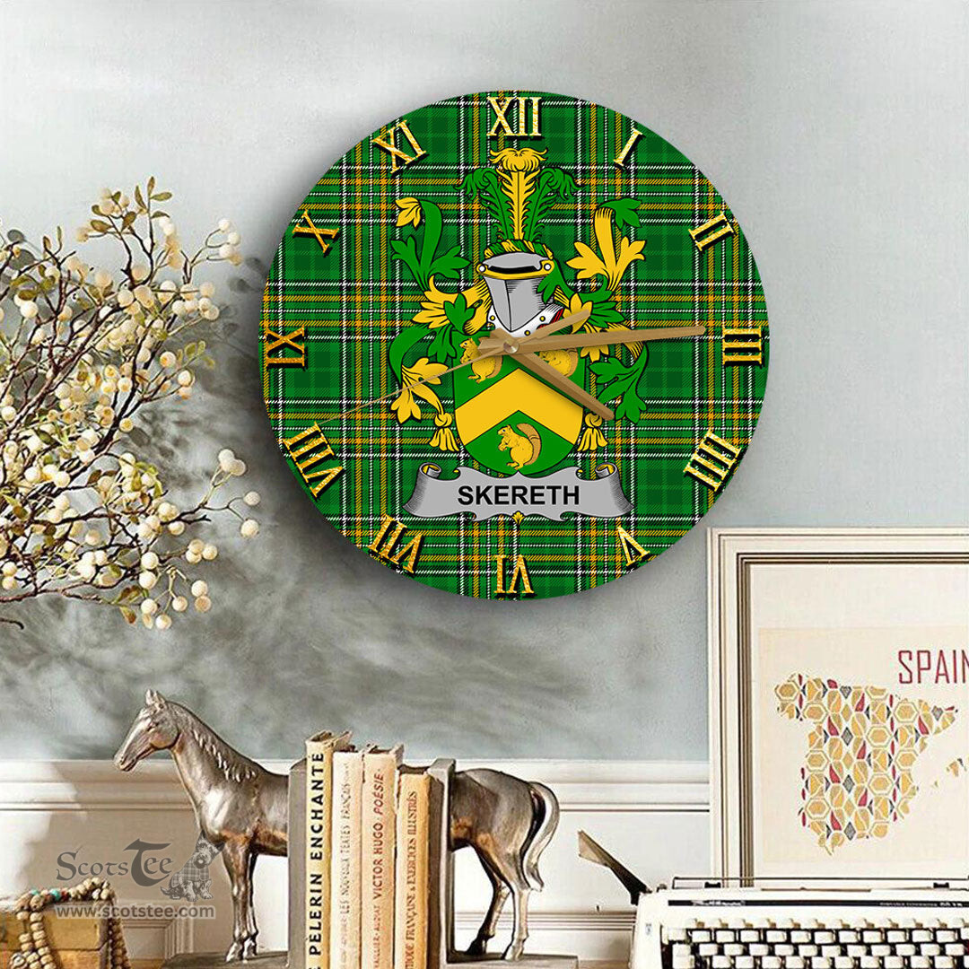 ScotsTee Shop Irish Skereth or Skerret Coat of Arms Family Crest Ireland Wooden Wall Clock Irish National Tartan Irish County Wall Clocks