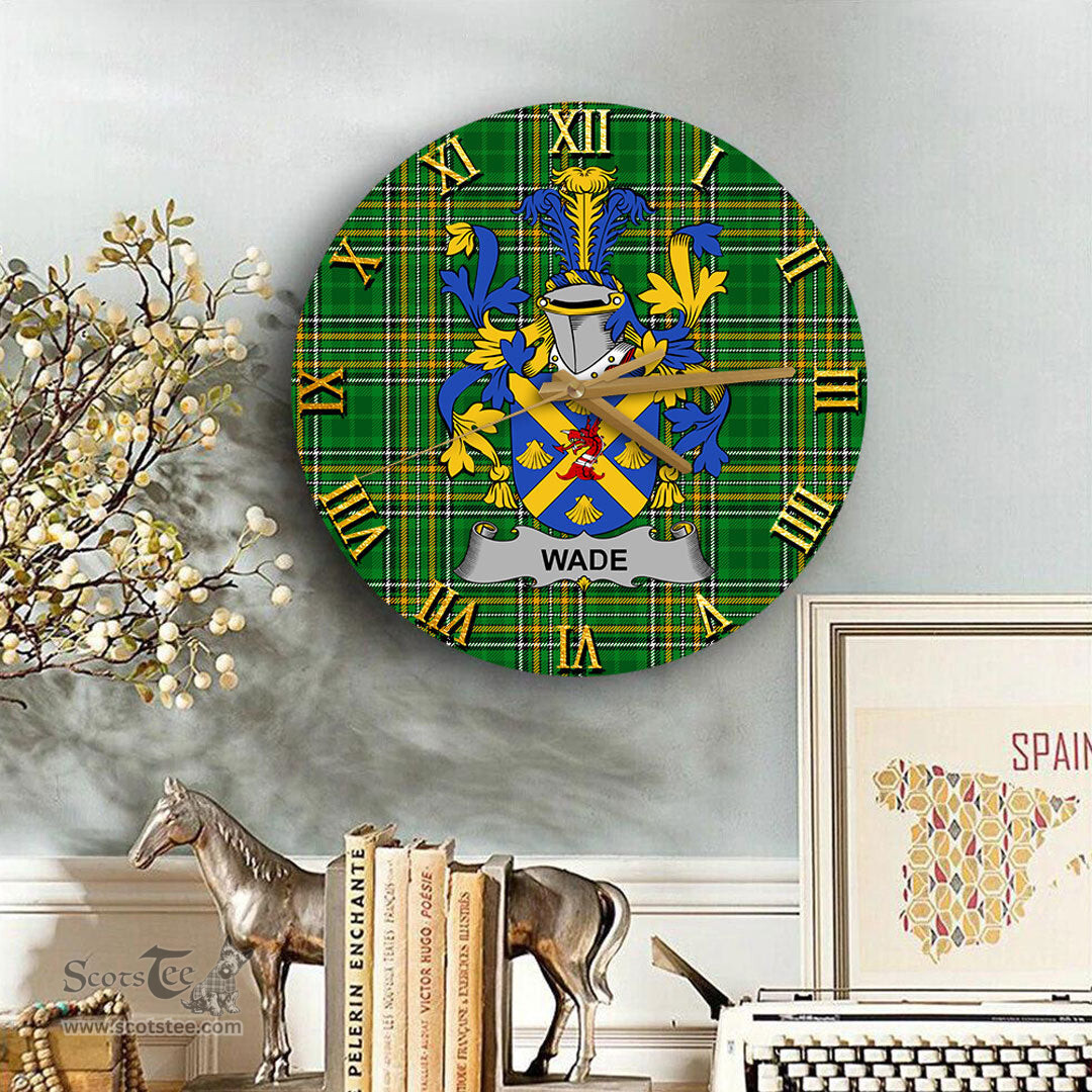 ScotsTee Shop Irish Wade Coat of Arms Family Crest Ireland Wooden Wall Clock Irish National Tartan Irish County Wall Clocks