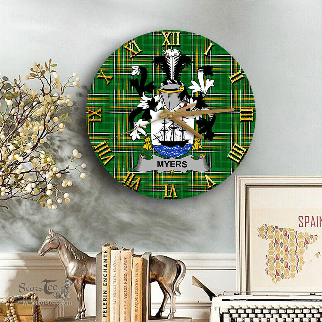 ScotsTee Shop Irish Myers Coat of Arms Family Crest Ireland Wooden Wall Clock Irish National Tartan Irish County Wall Clocks