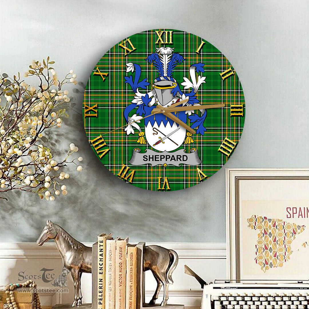 ScotsTee Shop Irish Sheppard Coat of Arms Family Crest Ireland Wooden Wall Clock Irish National Tartan Irish County Wall Clocks