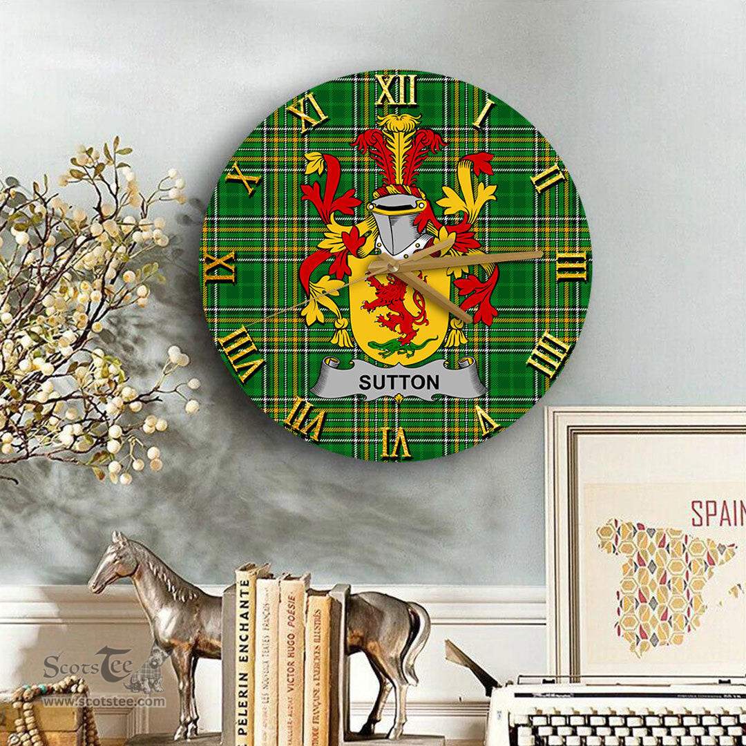 ScotsTee Shop Irish Sutton Coat of Arms Family Crest Ireland Wooden Wall Clock Irish National Tartan Irish County Wall Clocks