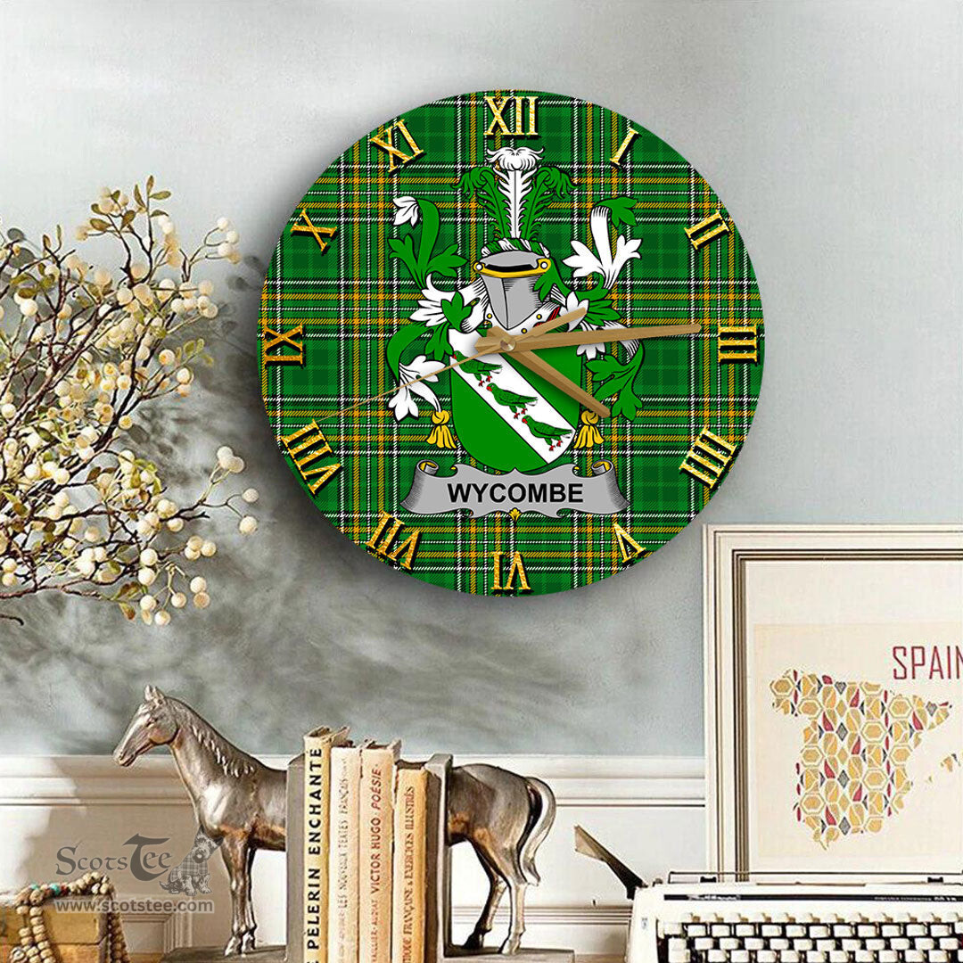 ScotsTee Shop Irish Wycombe Coat of Arms Family Crest Ireland Wooden Wall Clock Irish National Tartan Irish County Wall Clocks