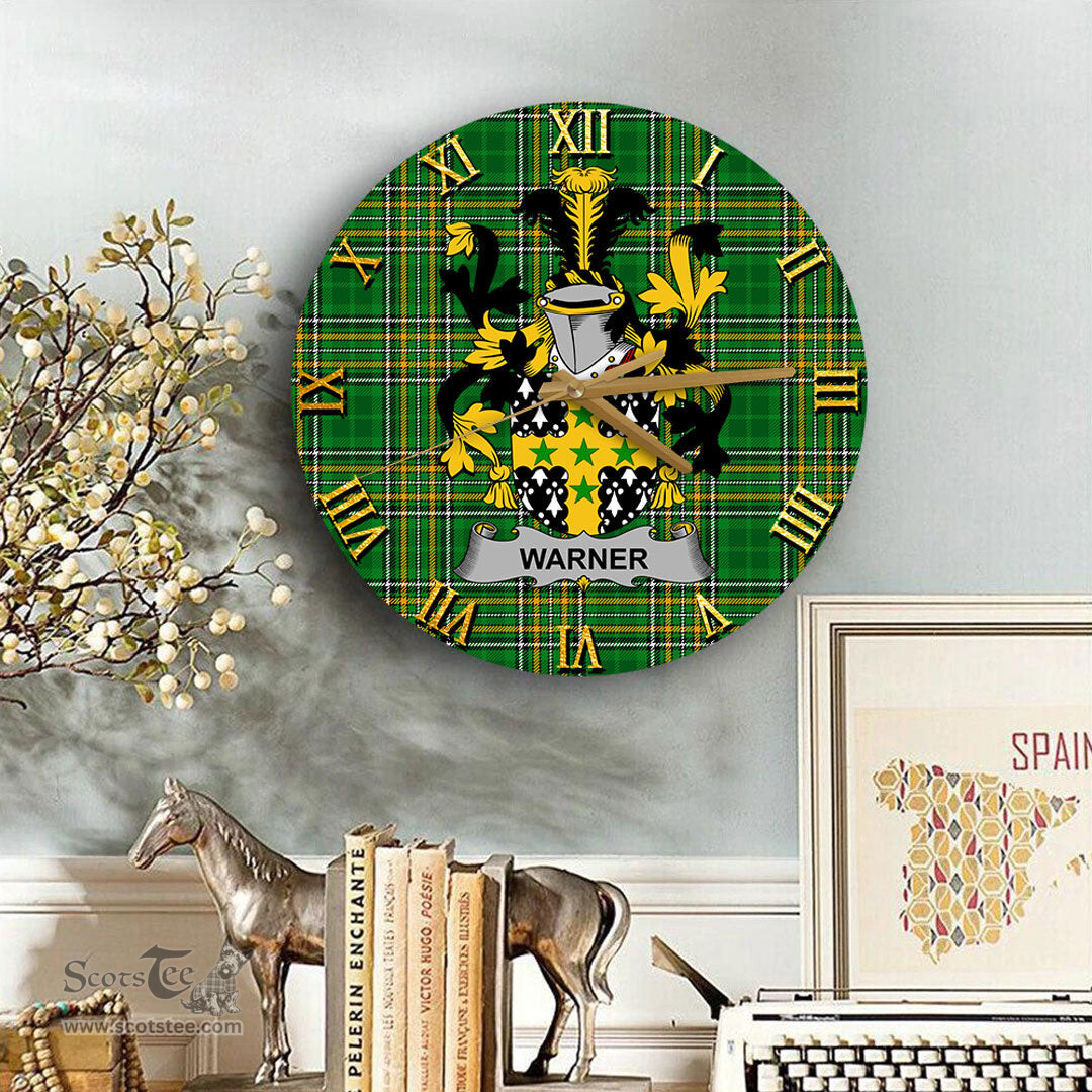 ScotsTee Shop Irish Warner Coat of Arms Family Crest Ireland Wooden Wall Clock Irish National Tartan Irish County Wall Clocks