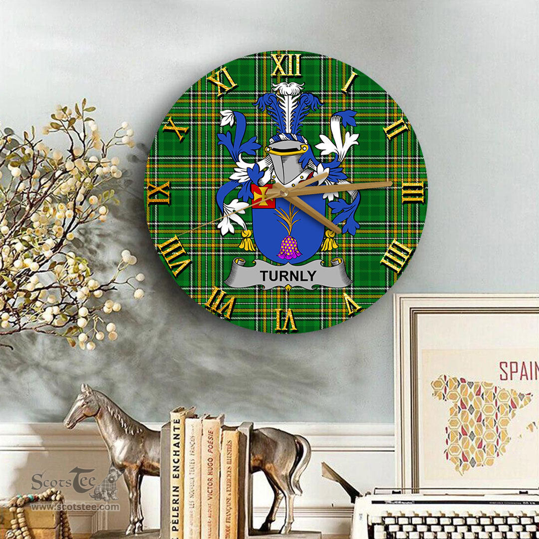 ScotsTee Shop Irish Turnly or Turnley Coat of Arms Family Crest Ireland Wooden Wall Clock Irish National Tartan Irish County Wall Clocks