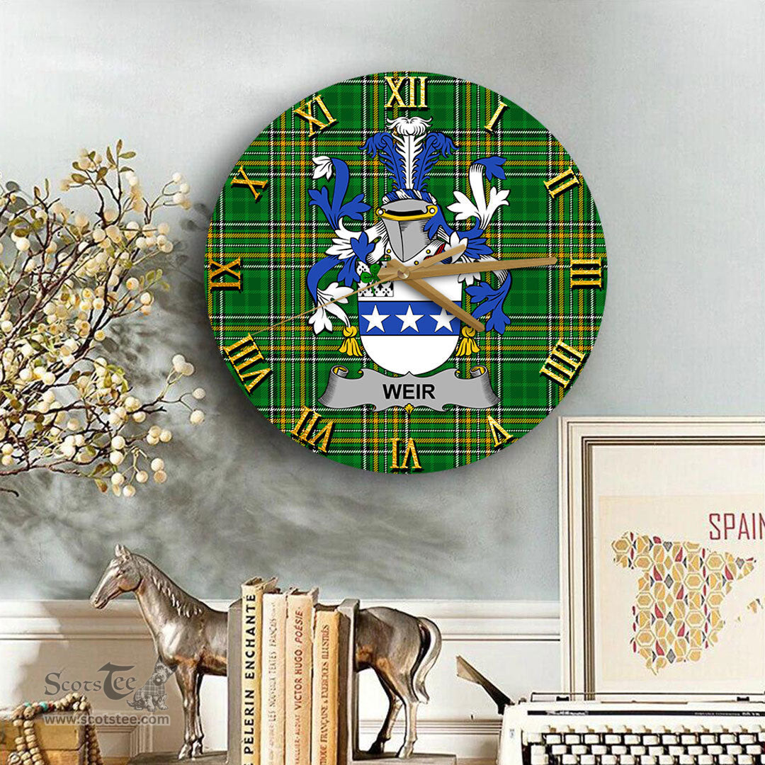 ScotsTee Shop Irish Weir or McWeir Coat of Arms Family Crest Ireland Wooden Wall Clock Irish National Tartan Irish County Wall Clocks