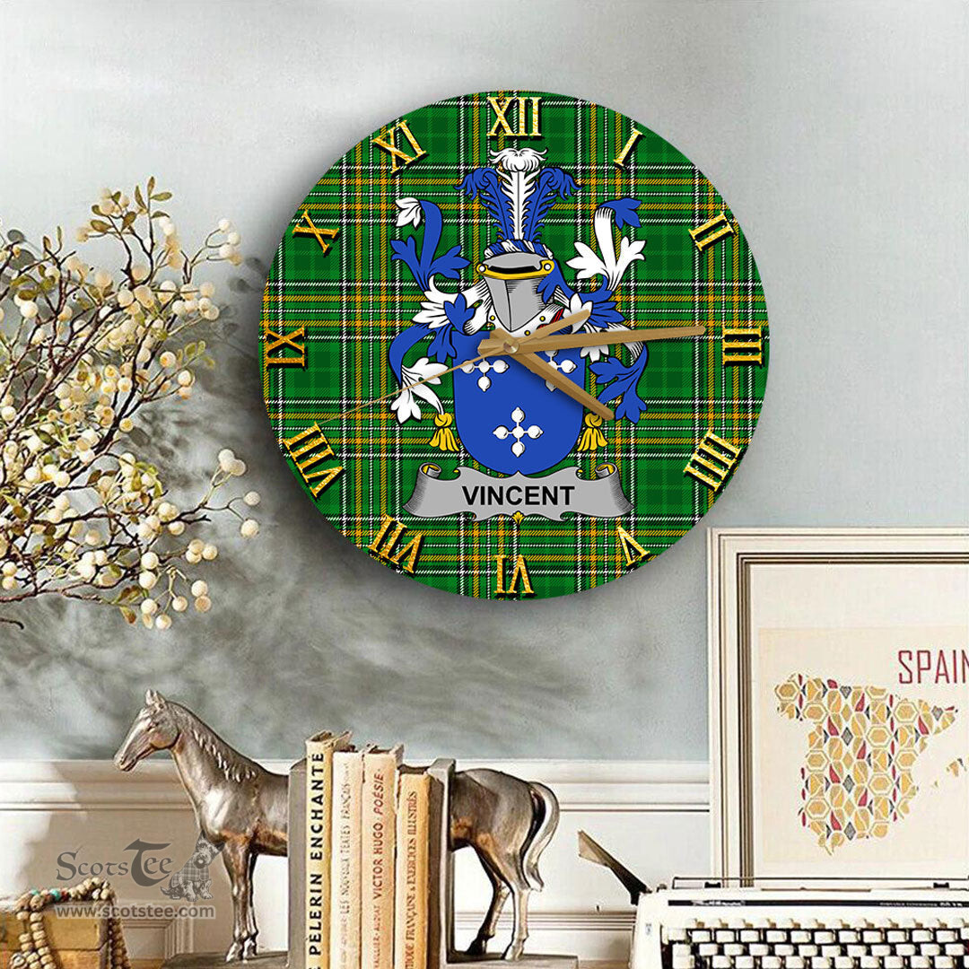 ScotsTee Shop Irish Vincent Coat of Arms Family Crest Ireland Wooden Wall Clock Irish National Tartan Irish County Wall Clocks