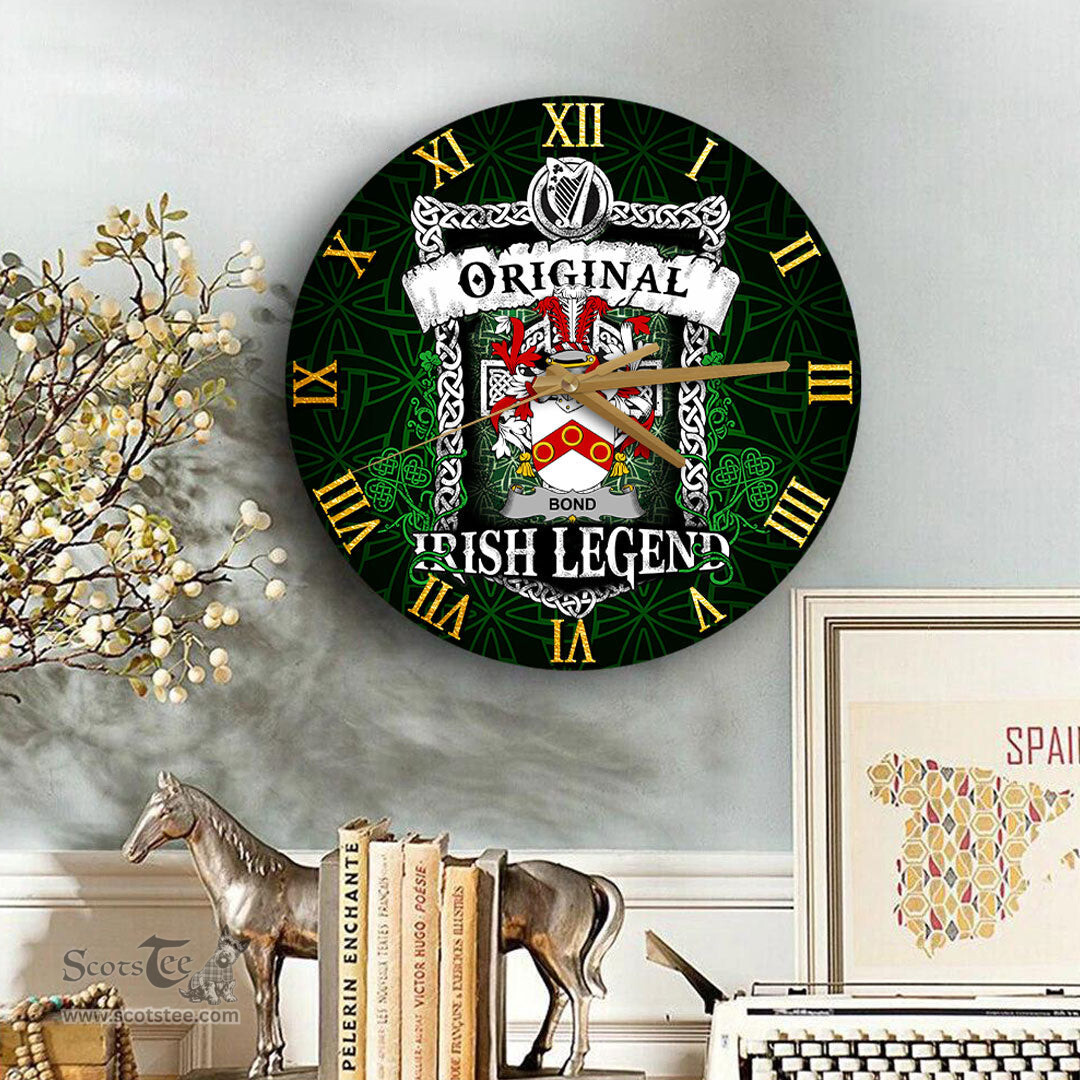 ScotsTee Shop Irish Bond Coat of Arms Family Crest Ireland Wooden Wall Clock Original Irish Legend Wall Clocks