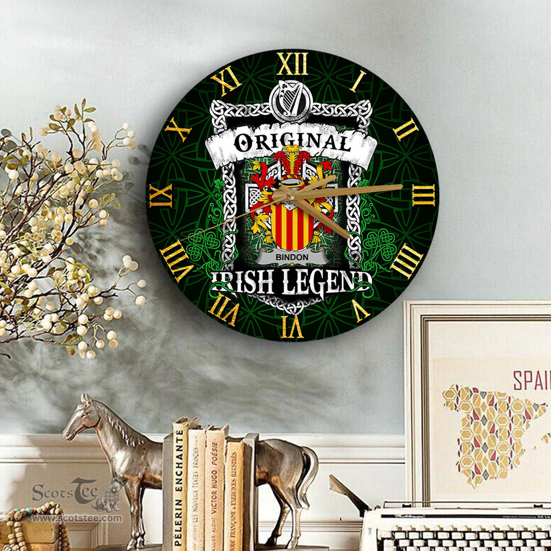 ScotsTee Shop Irish Bindon Coat of Arms Family Crest Ireland Wooden Wall Clock Original Irish Legend Wall Clocks