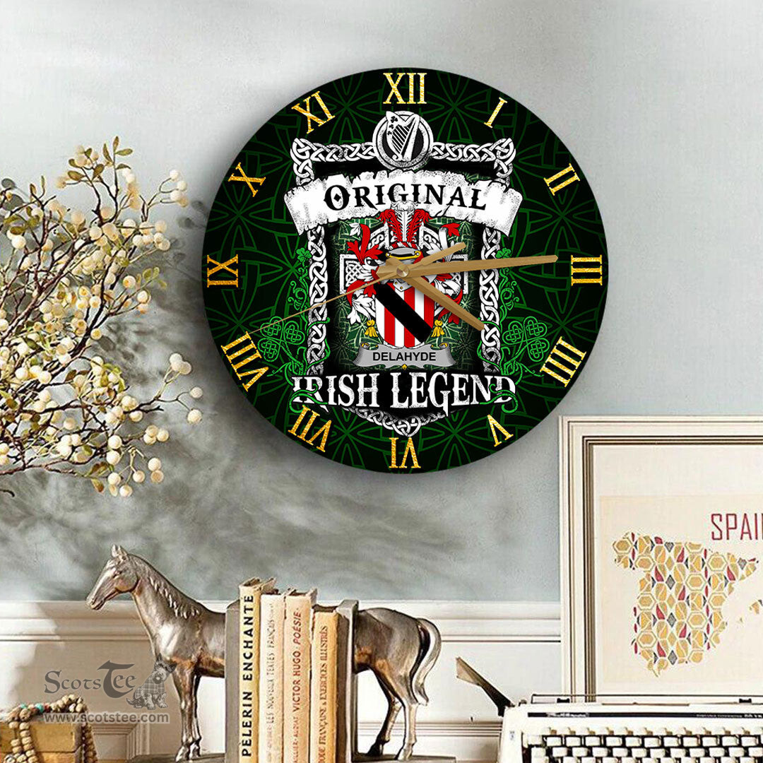 ScotsTee Shop Irish Delahyde Coat of Arms Family Crest Ireland Wooden Wall Clock Original Irish Legend Wall Clocks