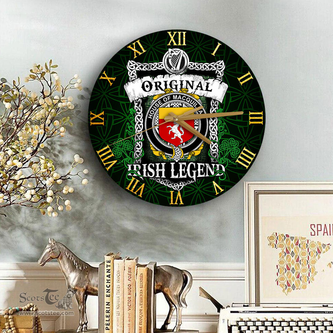 ScotsTee Shop Irish House of MACQUILLAN Coat of Arms Family Crest Ireland Wooden Wall Clock Original Irish Legend Wall Clocks