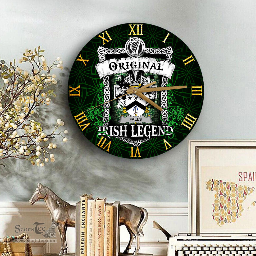 ScotsTee Shop Irish Falls Coat of Arms Family Crest Ireland Wooden Wall Clock Original Irish Legend Wall Clocks