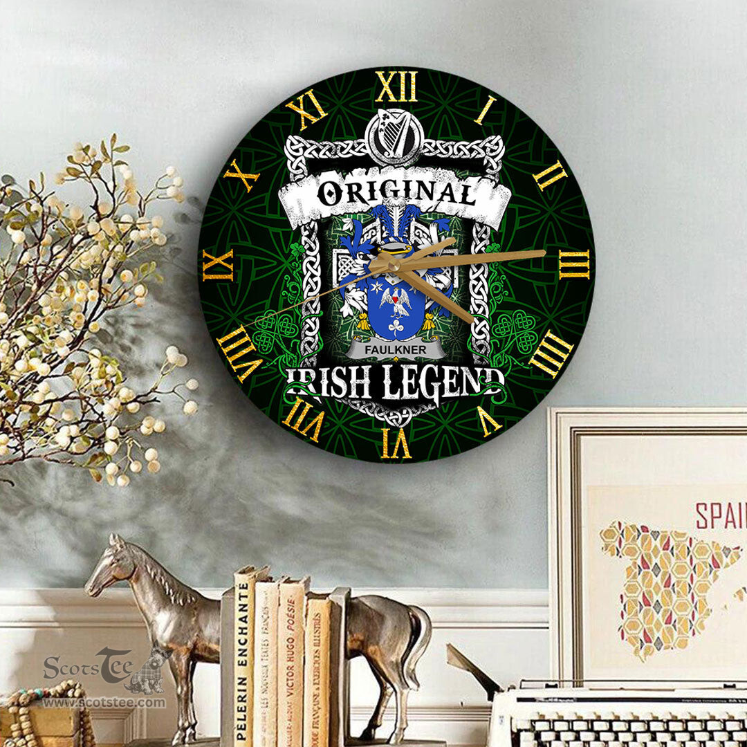 ScotsTee Shop Irish Faulkner Coat of Arms Family Crest Ireland Wooden Wall Clock Original Irish Legend Wall Clocks