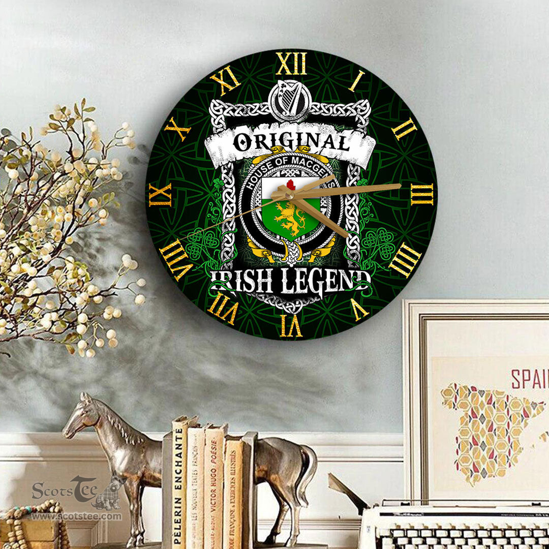 ScotsTee Shop Irish House of MACGENIS Coat of Arms Family Crest Ireland Wooden Wall Clock Original Irish Legend Wall Clocks