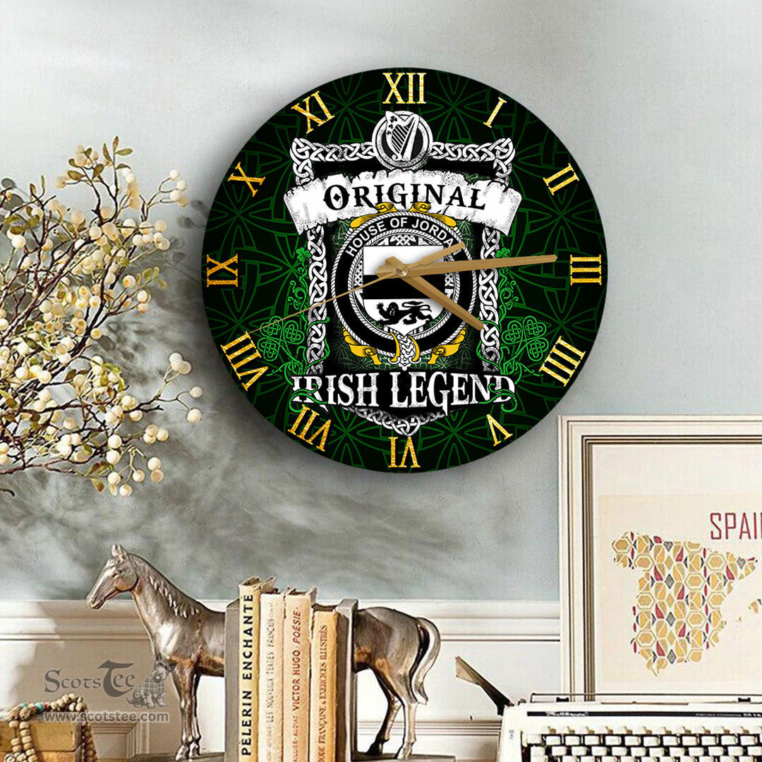 ScotsTee Shop Irish House of JORDAN Coat of Arms Family Crest Ireland Wooden Wall Clock Original Irish Legend Wall Clocks
