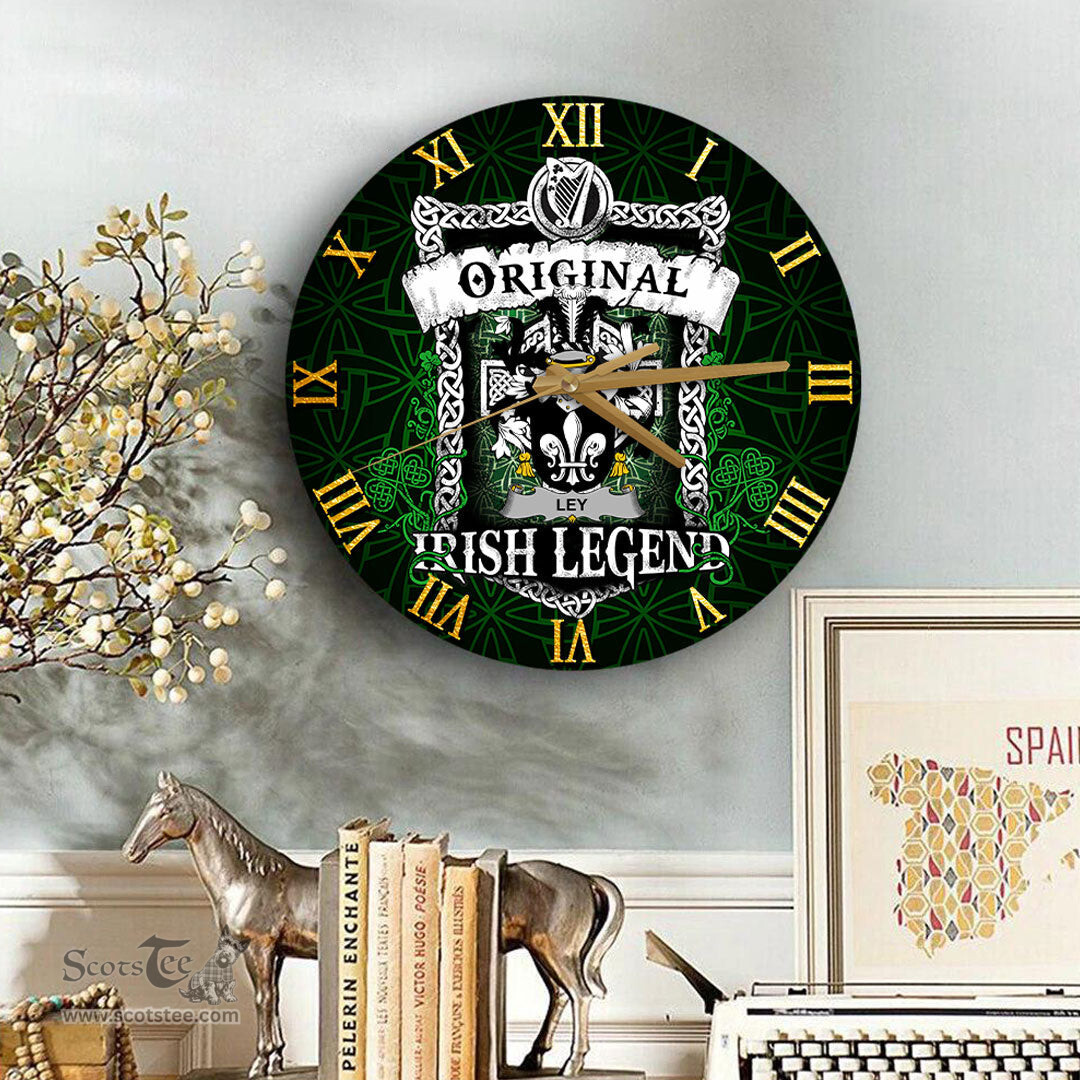 ScotsTee Shop Irish Ley Coat of Arms Family Crest Ireland Wooden Wall Clock Original Irish Legend Wall Clocks