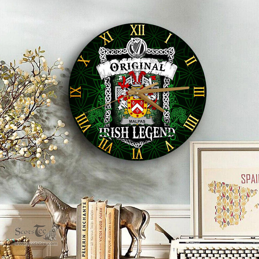 ScotsTee Shop Irish Malpas Coat of Arms Family Crest Ireland Wooden Wall Clock Original Irish Legend Wall Clocks