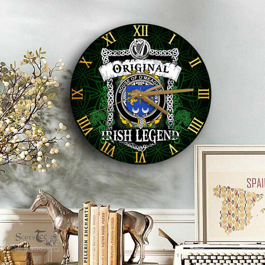 ScotsTee Shop Irish House of O MEAGHER Coat of Arms Family Crest Ireland Wooden Wall Clock Original Irish Legend Wall Clocks