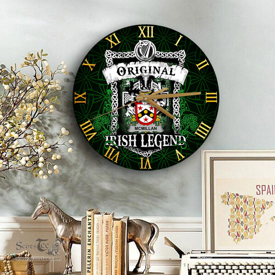 ScotsTee Shop Irish McMillan Coat of Arms Family Crest Ireland Wooden Wall Clock Original Irish Legend Wall Clocks