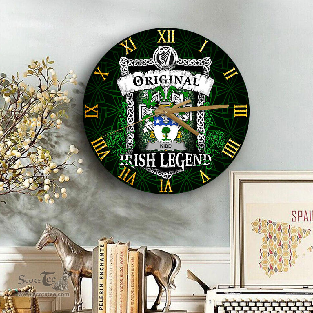 ScotsTee Shop Irish Kidd Coat of Arms Family Crest Ireland Wooden Wall Clock Original Irish Legend Wall Clocks