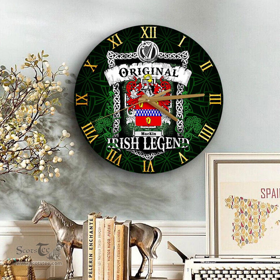 ScotsTee Shop Irish Mackin Coat of Arms Family Crest Ireland Wooden Wall Clock Original Irish Legend Wall Clocks
