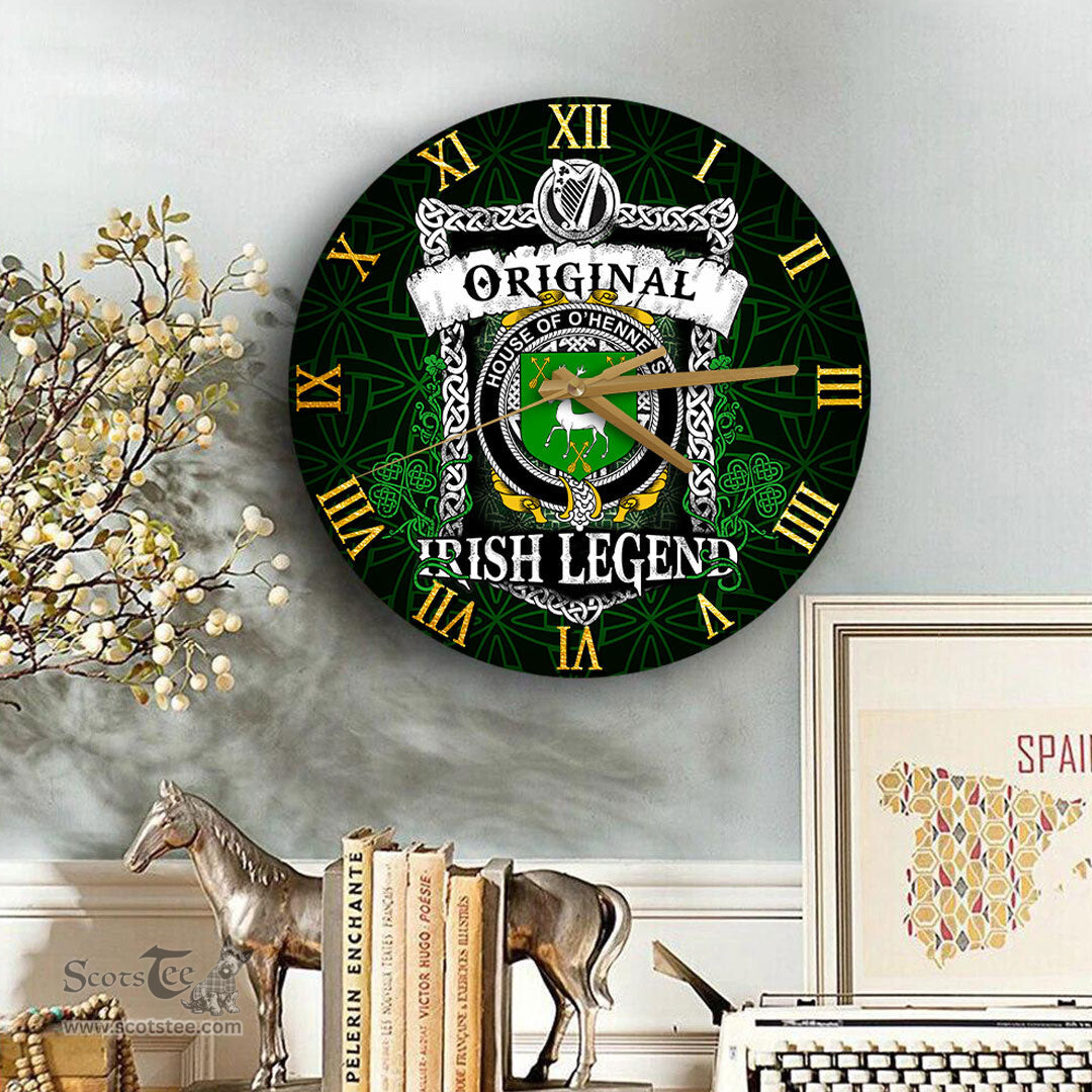 ScotsTee Shop Irish House of O HENNESSY Coat of Arms Family Crest Ireland Wooden Wall Clock Original Irish Legend Wall Clocks