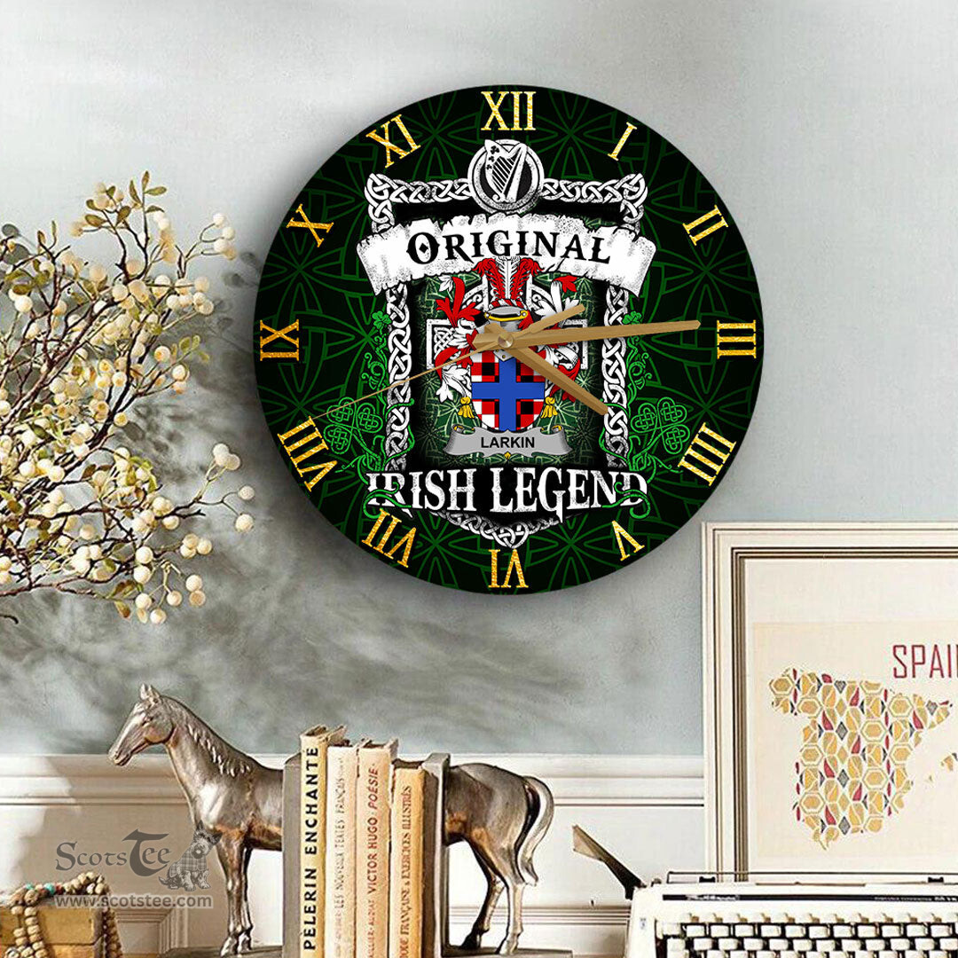 ScotsTee Shop Irish Larkin or O Larkin Coat of Arms Family Crest Ireland Wooden Wall Clock Original Irish Legend Wall Clocks