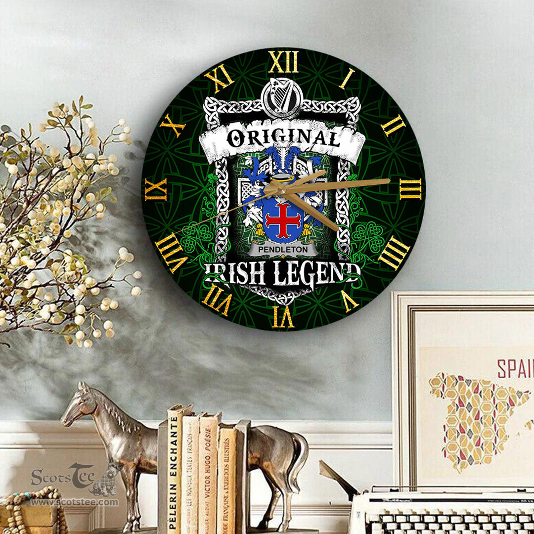ScotsTee Shop Irish Pendleton Coat of Arms Family Crest Ireland Wooden Wall Clock Original Irish Legend Wall Clocks