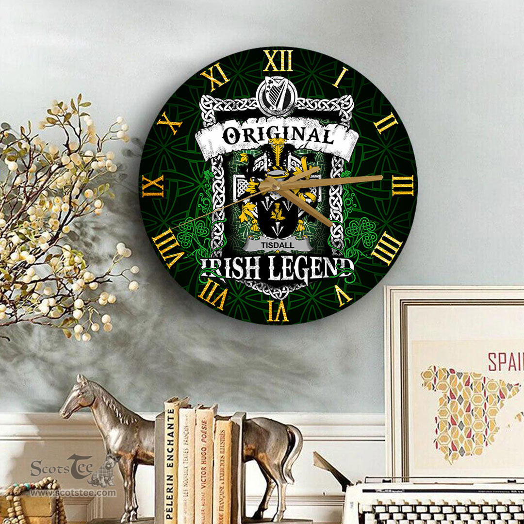 ScotsTee Shop Irish Tisdall or Tisdale Coat of Arms Family Crest Ireland Wooden Wall Clock Original Irish Legend Wall Clocks