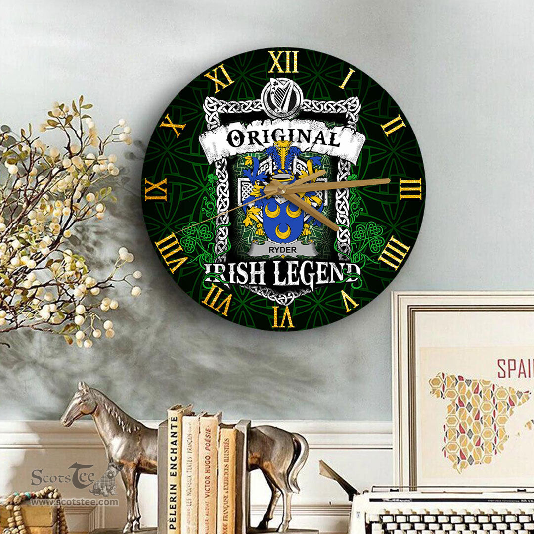 ScotsTee Shop Irish Ryder Coat of Arms Family Crest Ireland Wooden Wall Clock Original Irish Legend Wall Clocks