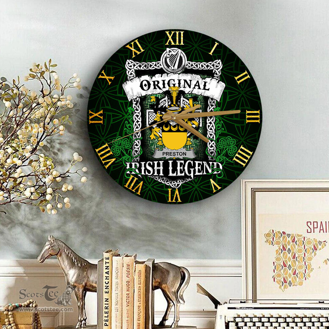 ScotsTee Shop Irish Preston Coat of Arms Family Crest Ireland Wooden Wall Clock Original Irish Legend Wall Clocks