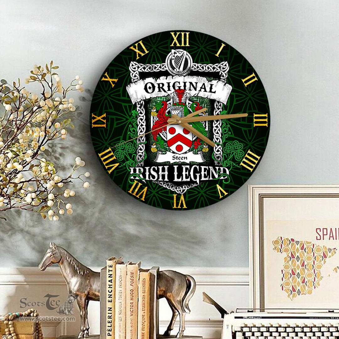ScotsTee Shop Irish Steen Coat of Arms Family Crest Ireland Wooden Wall Clock Original Irish Legend Wall Clocks