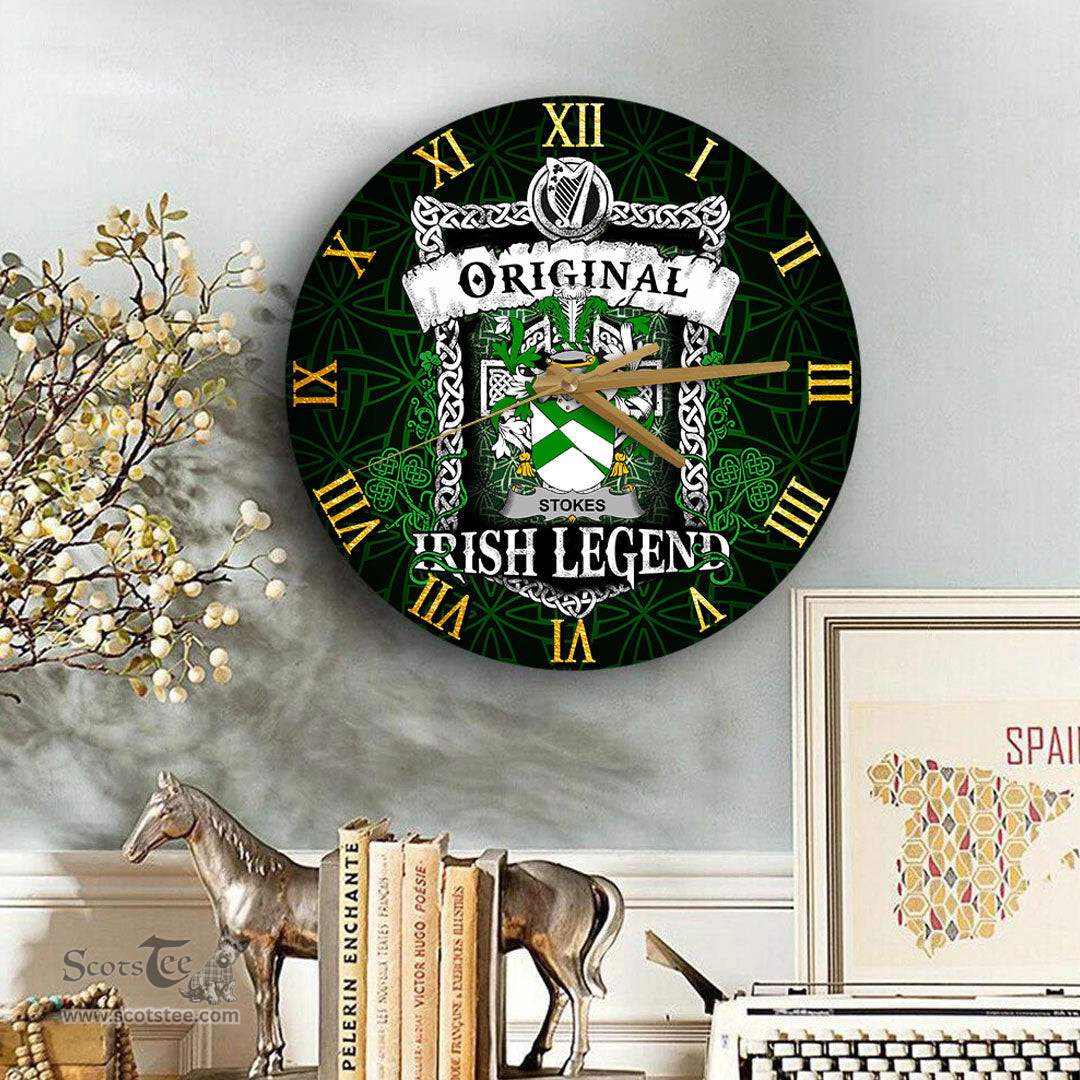 ScotsTee Shop Irish Stokes Coat of Arms Family Crest Ireland Wooden Wall Clock Original Irish Legend Wall Clocks