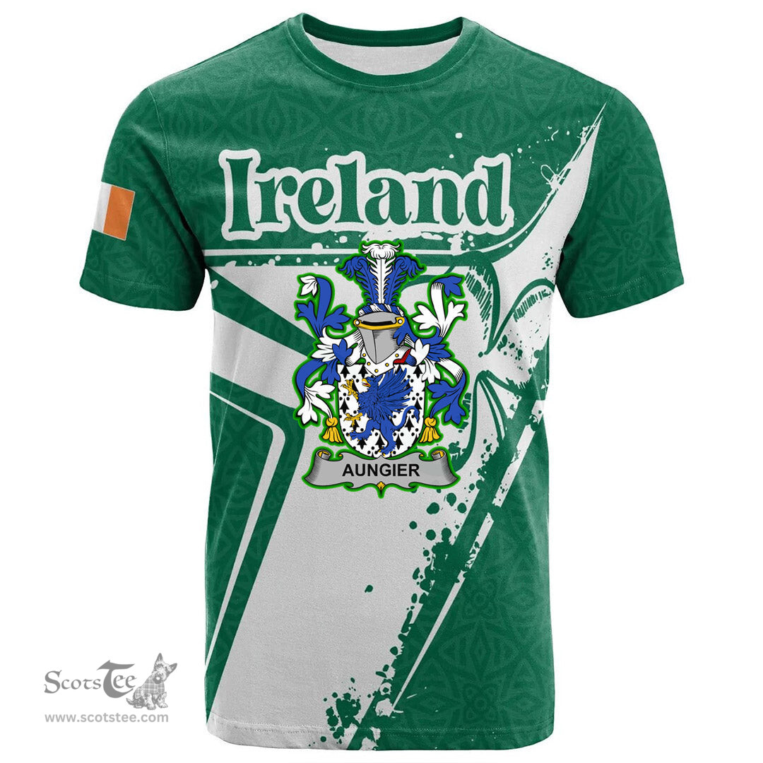 ScotsTee Shop Irish Aungier Coat of Arms Irish Celtic Shamrock T Shirt Add Your Text Personalized T Shirt