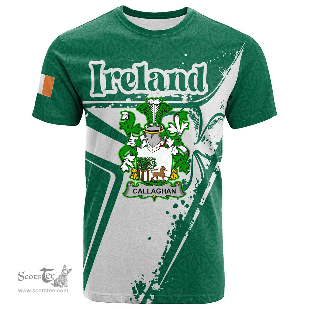 ScotsTee Shop Irish Callaghan or O Callaghan Coat of Arms Irish Celtic Shamrock T Shirt Add Your Text Personalized T Shirt