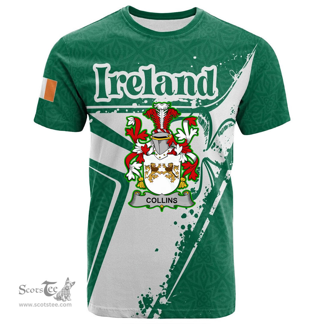 ScotsTee Shop Irish Collins Coat of Arms Irish Celtic Shamrock T Shirt Add Your Text Personalized T Shirt