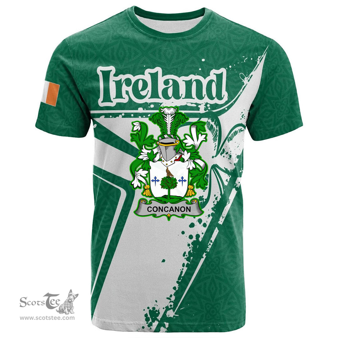 ScotsTee Shop Irish Concanon or O Concanon Coat of Arms Irish Celtic Shamrock T Shirt Add Your Text Personalized T Shirt