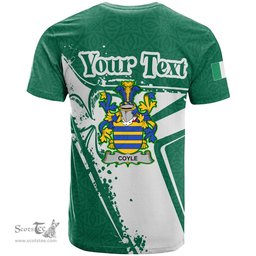 ScotsTee Shop Irish Coyle or McCoyle Coat of Arms Irish Celtic Shamrock T Shirt Add Your Text Personalized T Shirt