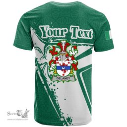 ScotsTee Shop Irish Delaney or O Delany Coat of Arms Irish Celtic Shamrock T Shirt Add Your Text Personalized T Shirt