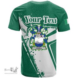 ScotsTee Shop Irish Cahill or O Cahill Coat of Arms Irish Celtic Shamrock T Shirt Add Your Text Personalized T Shirt