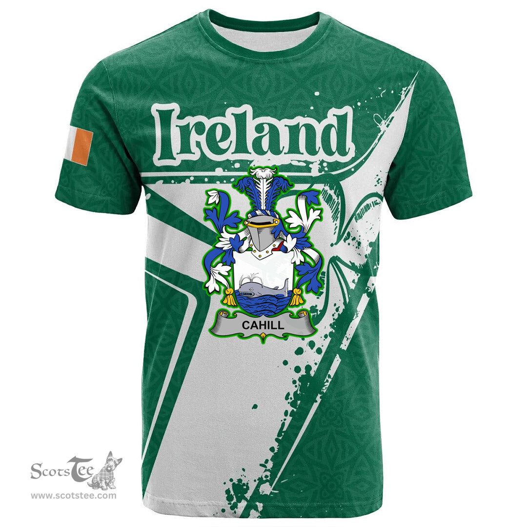 ScotsTee Shop Irish Cahill or O Cahill Coat of Arms Irish Celtic Shamrock T Shirt Add Your Text Personalized T Shirt