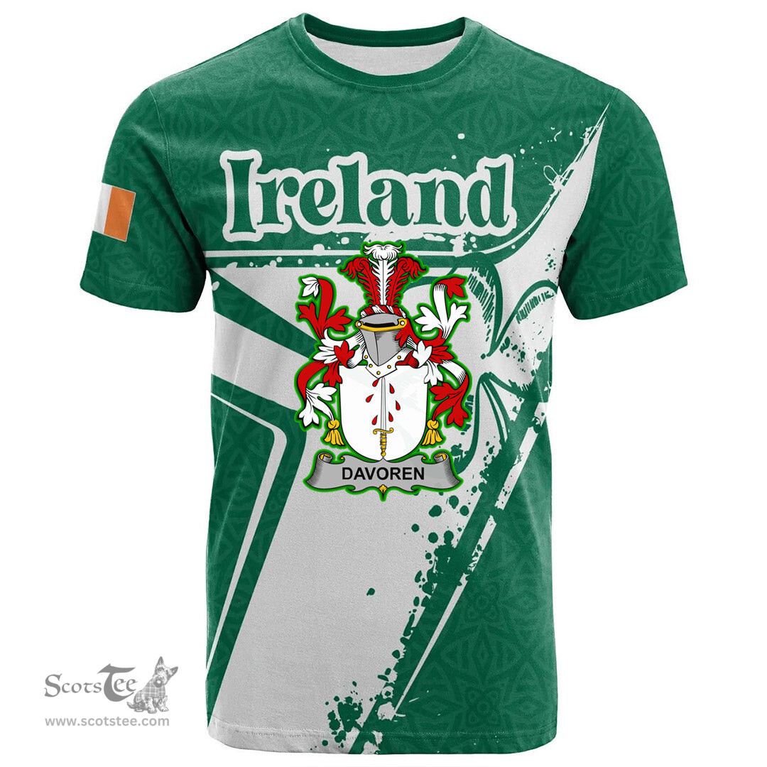 ScotsTee Shop Irish Davoren or O Davoren Coat of Arms Irish Celtic Shamrock T Shirt Add Your Text Personalized T Shirt
